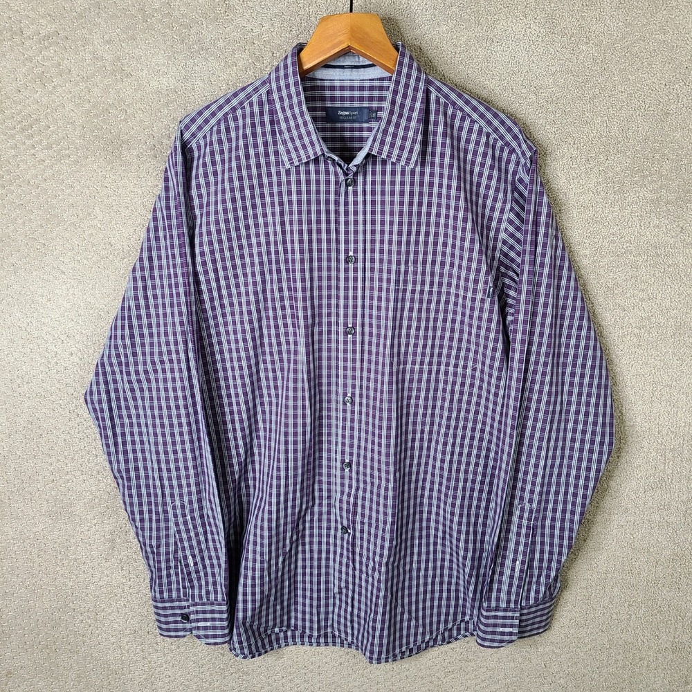 Zegna Sport Shirt Mens XL Purple Plaid Regular Fit Button Down‎ Cotton Stretch